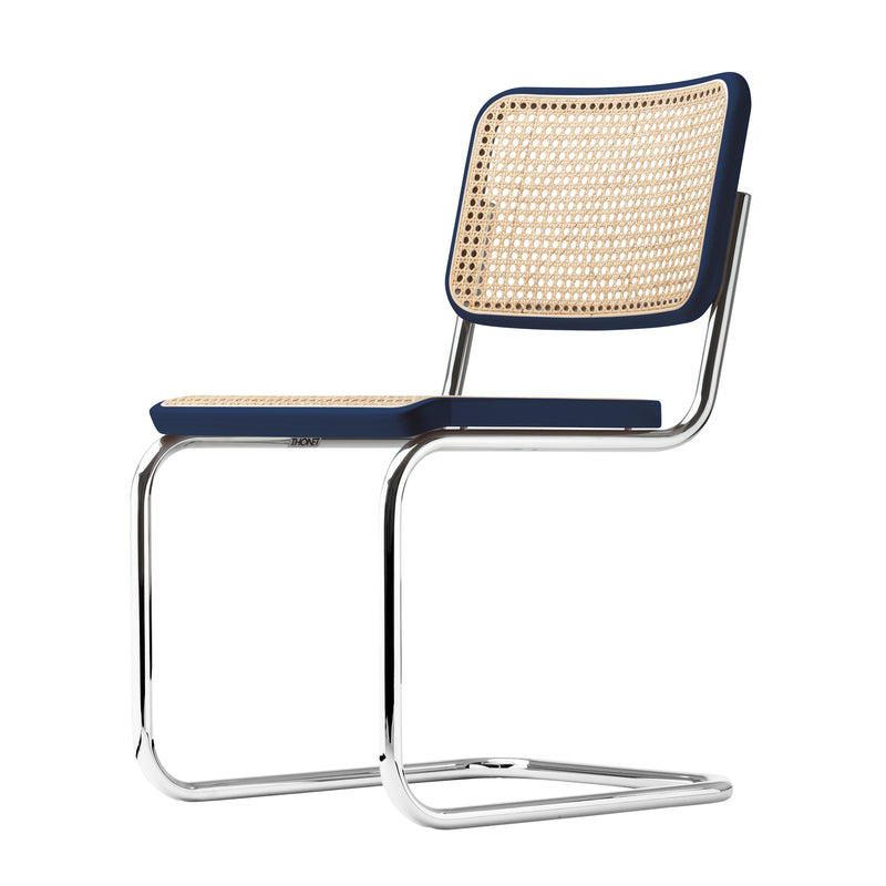 Thonet - S 32 V Stuhl | Geflecht natur / Buche dunkelblau / Chrom