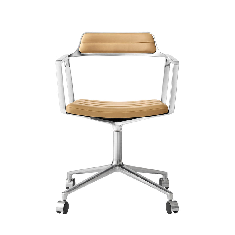 Vipp - 452 Drehstuhl | Rollen / Leder camel / Aluminium poliert