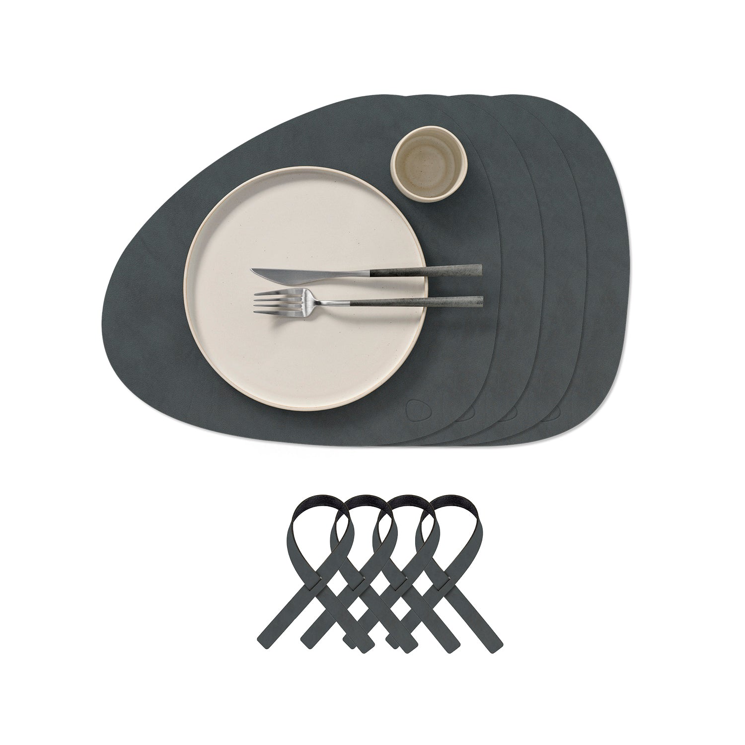 Lind DNA - Tischset Curve Geschenkset | 4 Tischsets + 4 Serviettenringe / Nupo anthrazit