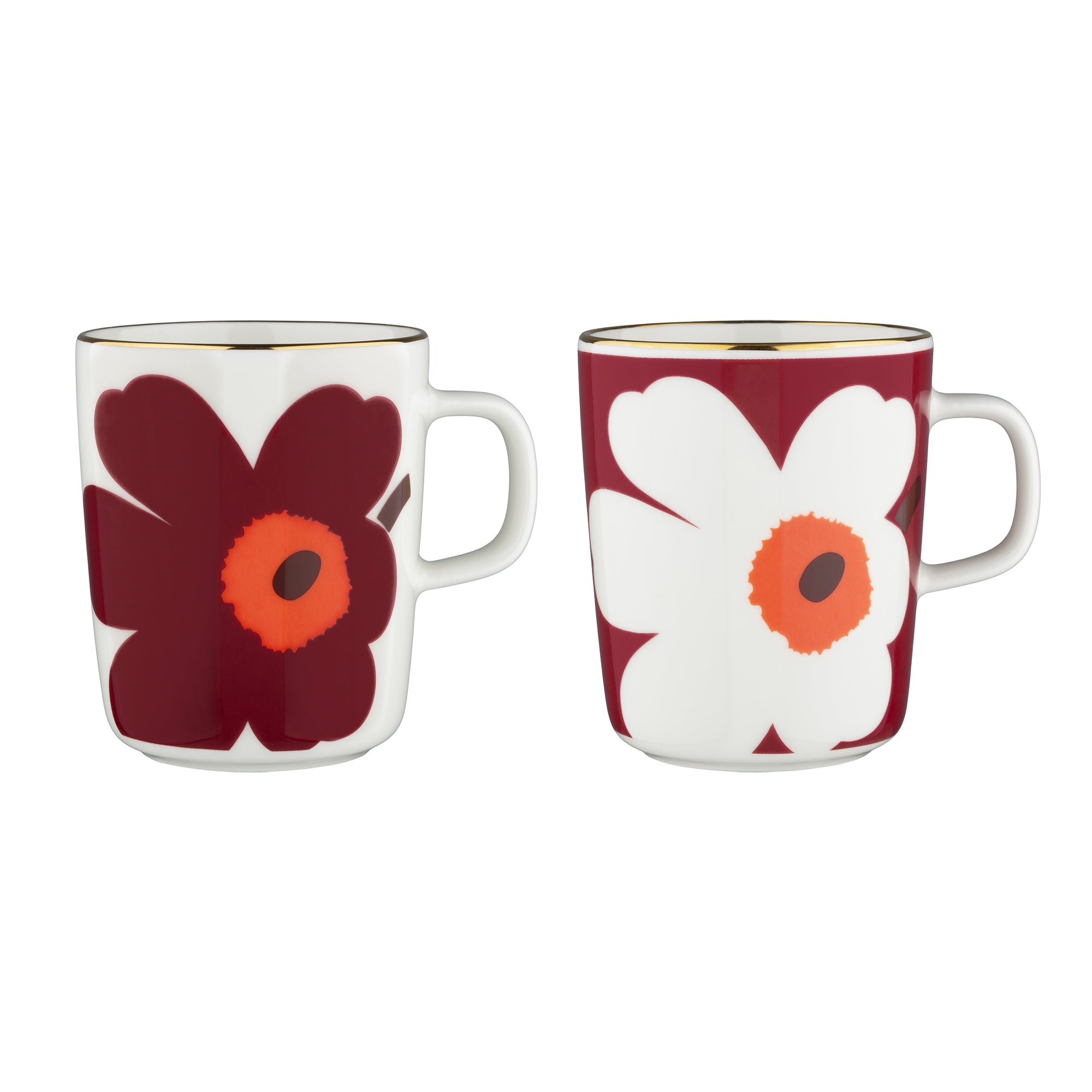Marimekko - Oiva Juhla Unikko Becher mit Henkel | 2er-Set / weiß/burgundy/gold