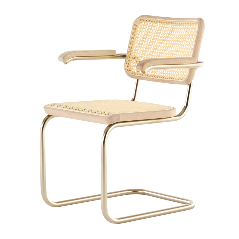 Thonet - JS. THONET by Jil Sander S 64 Freischwinger | Rohrgeflecht mit Kunststoffstützgewebe / Eiche weiß pegmentiert / Nickelsilver