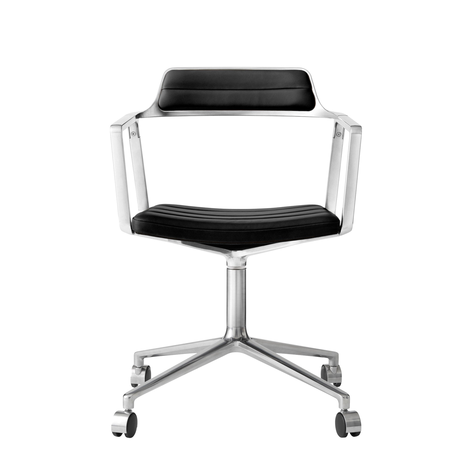Vipp - 452 Drehstuhl | Rollen / Leder schwarz / Aluminium poliert