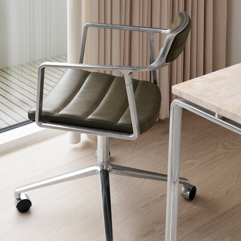 Vipp - 452 Drehstuhl | Rollen / Leder bosco grün / Aluminium poliert